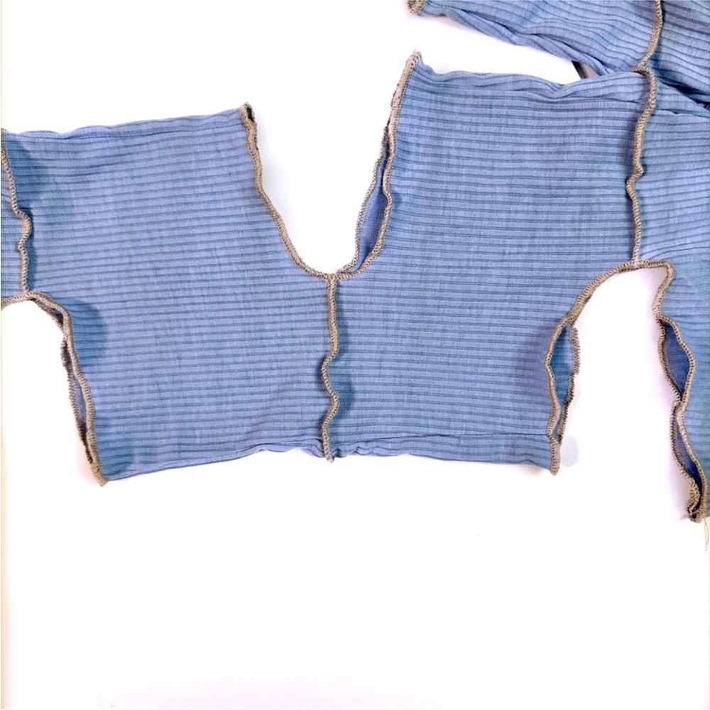 "Arctic Tease" Blue and Tan Patchwork Ribbed Knit Two Piece Matching Pants Set - Picture 3 of 5